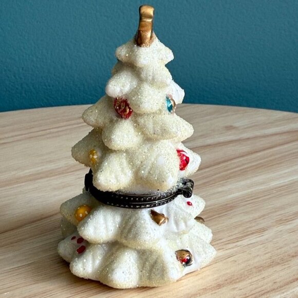 Vintage White Christmas Tree Trinket Box With Ornaments  Gold Star Glitter Keeps - Picture 5 of 10